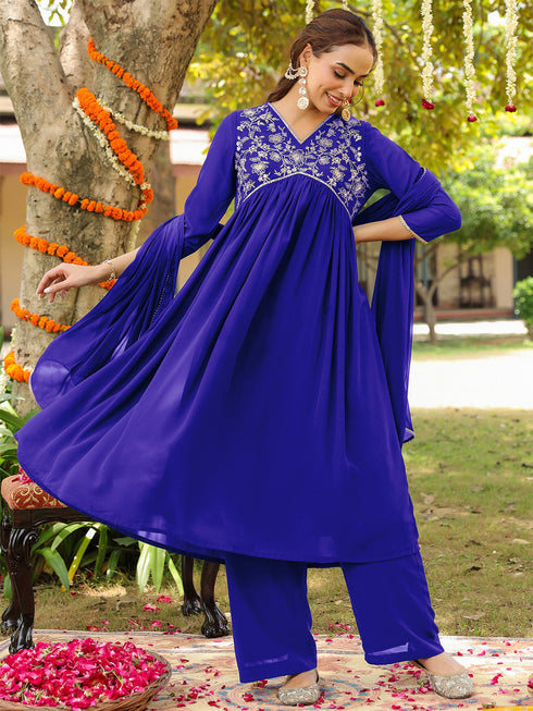 Janasya Women's Royal Blue Georgette Zari Yoke Embroidered A-line Kurta With Palazzo & Dupatta Set